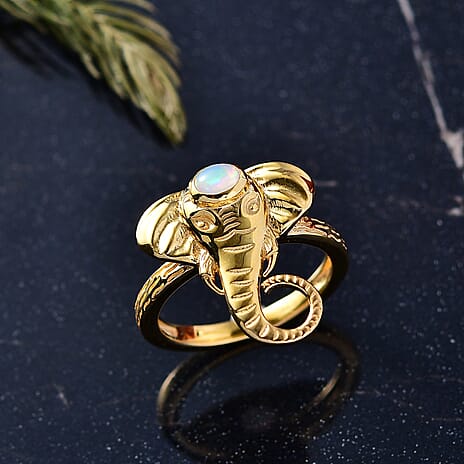 Ethiopian Opal Elephant Head Ring in Yellow Gold Plated Sterling Silver