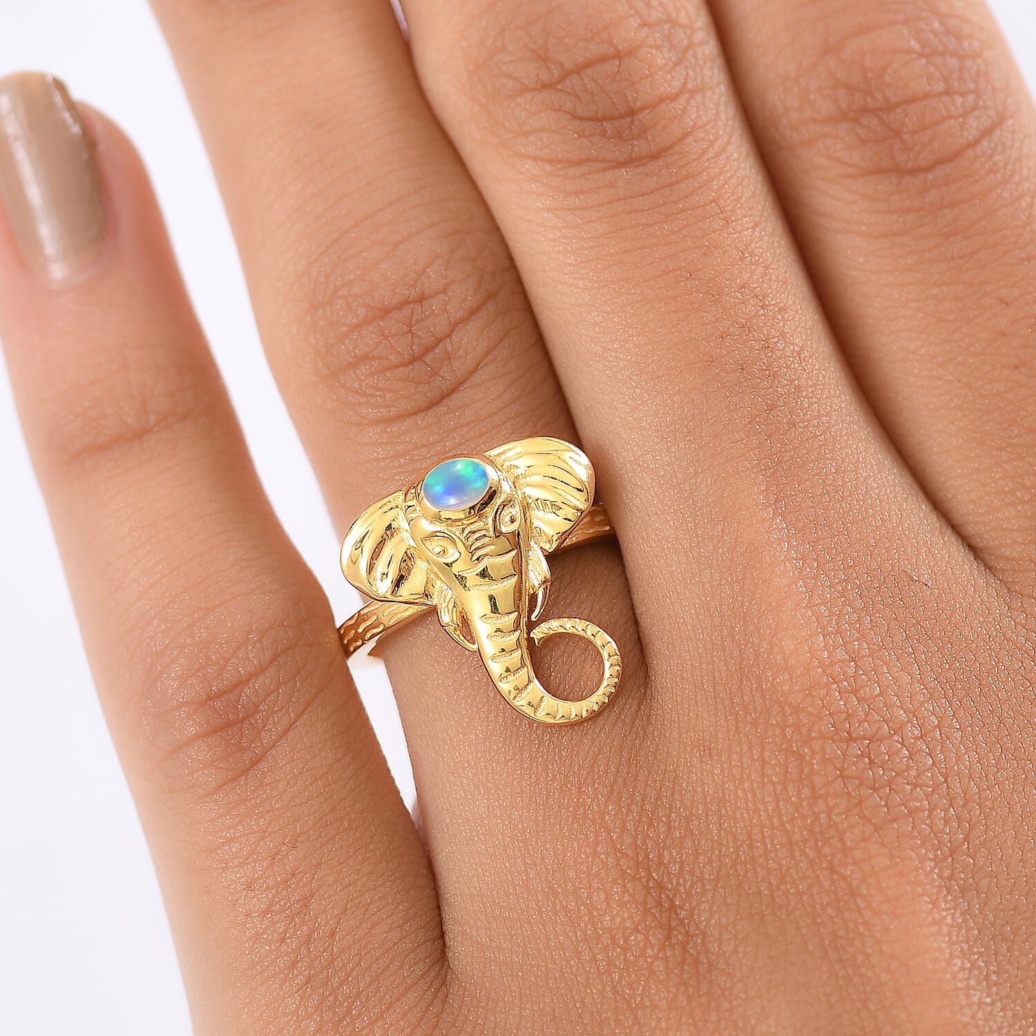 Ethiopian Opal Elephant Head Ring in Yellow Gold Plated Sterling Silver