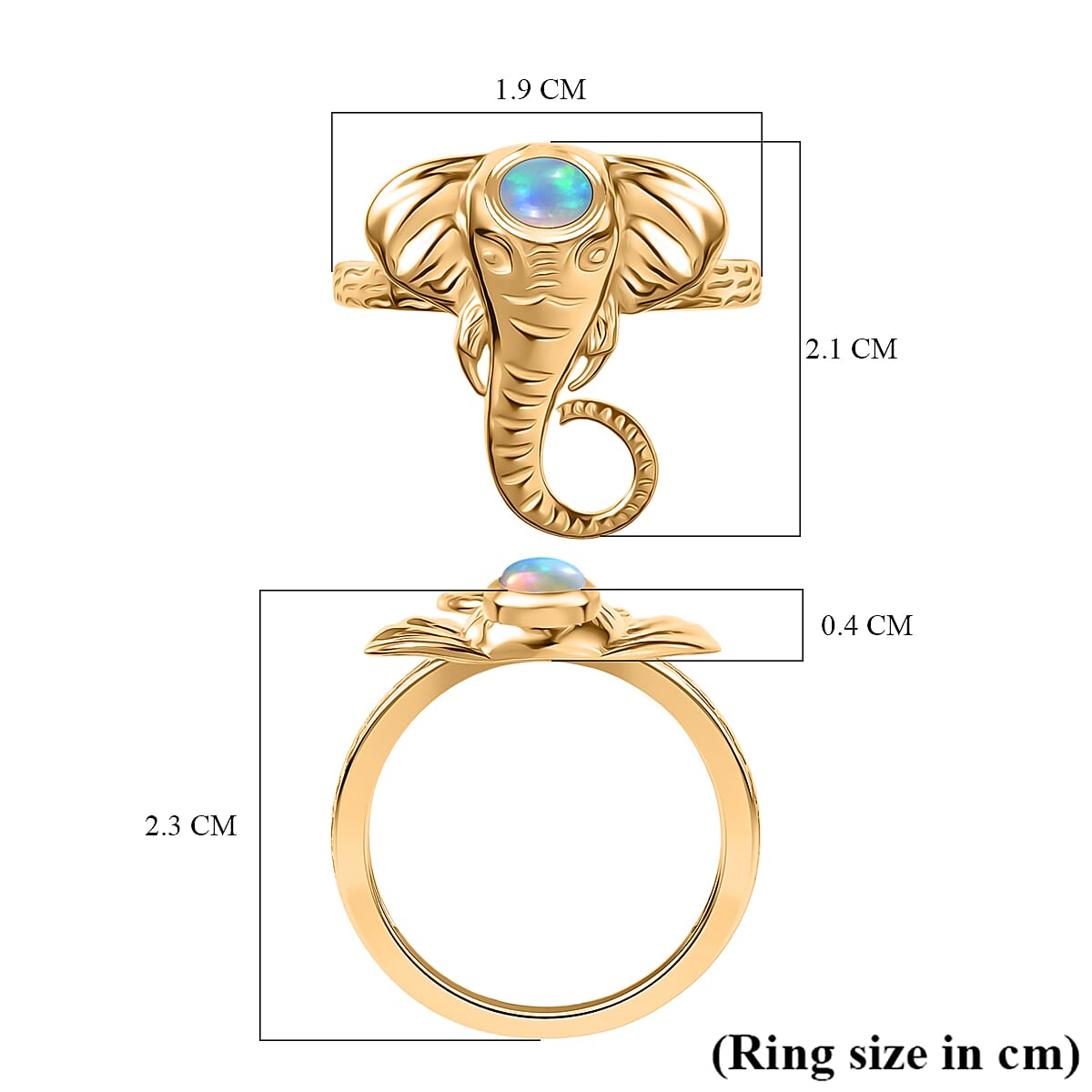 Ethiopian Opal Elephant Head Ring in Yellow Gold Plated Sterling Silver