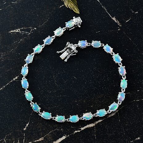 Luxuriant Ethiopian Opal & Lab Grown Diamond (SI-GH) Linking Bracelet (Size 7.5) with GB Lock Box in Rhodium Overlay Sterling Silver 6.94 Ct, Silver Wt. 5.71 Gms.