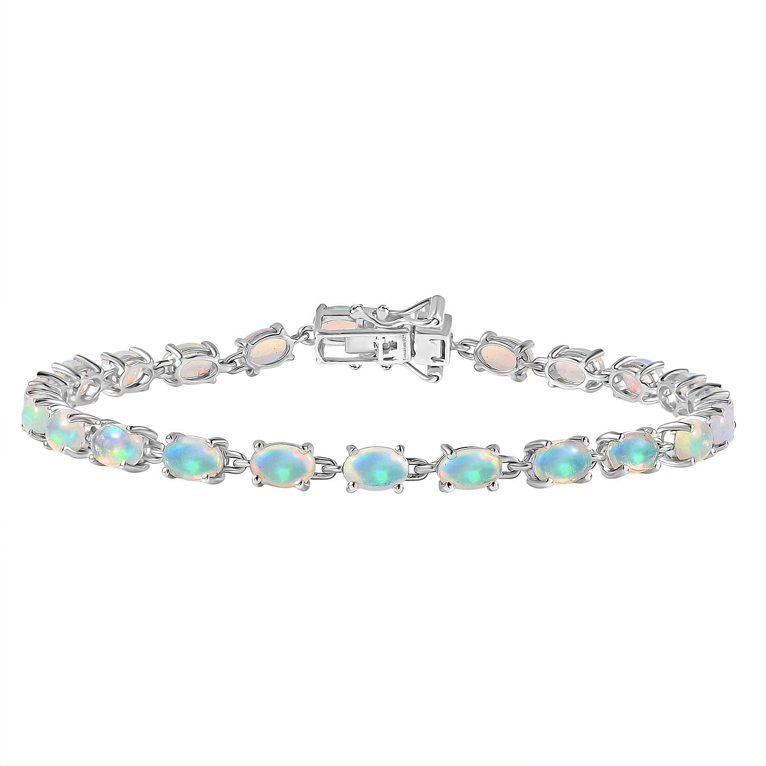 Luxuriant Ethiopian Opal & Lab Grown Diamond (SI-GH) Linking Bracelet (Size 7.5) with GB Lock Box in Rhodium Overlay Sterling Silver 6.94 Ct, Silver Wt. 5.71 Gms.