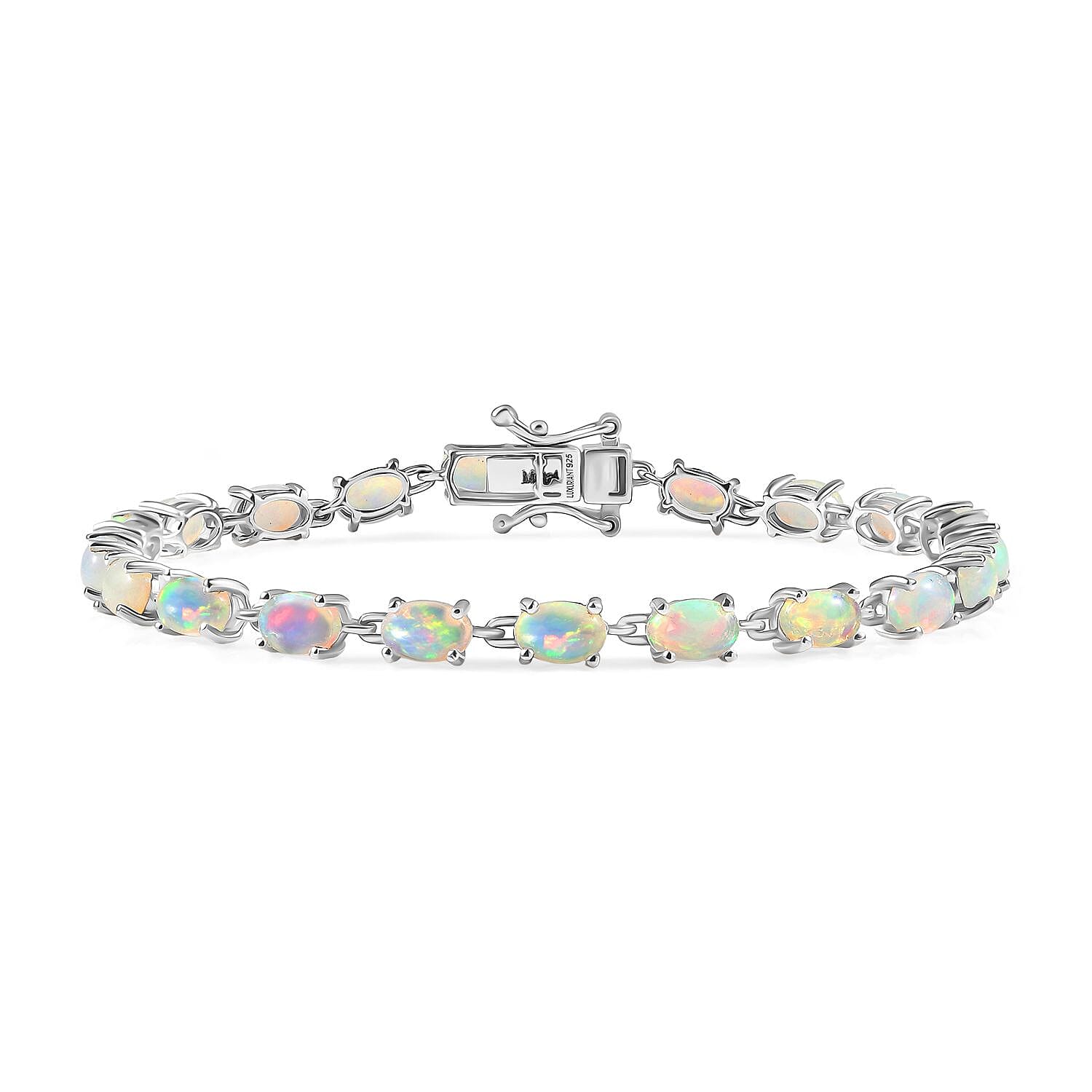 Luxuriant Ethiopian Opal & Lab Grown Diamond (SI-GH) Linking Bracelet (Size 8) with GB Lock Box in Rhodium Overlay Sterling Silver 7.26 Ct, Silver Wt. 6.07 Gms.