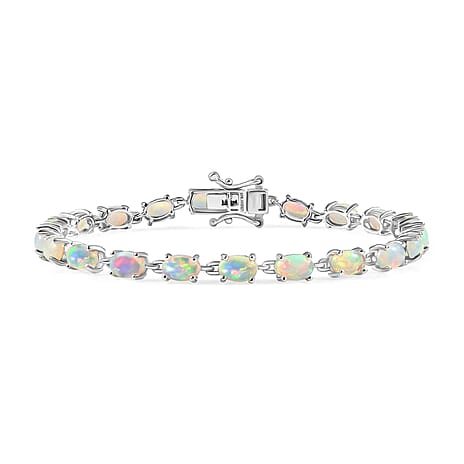 Luxuriant Ethiopian Opal & Lab Grown Diamond (SI-GH) Linking Bracelet (Size 8) with GB Lock Box in Rhodium Overlay Sterling Silver 7.26 Ct, Silver Wt. 6.07 Gms.