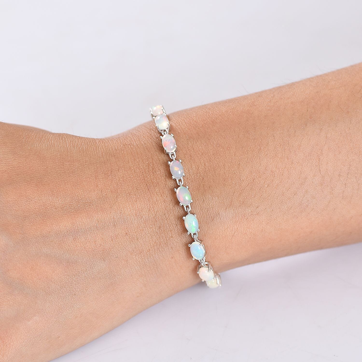 Luxuriant Ethiopian Opal & Lab Grown Diamond (SI-GH) Linking Bracelet (Size 8) with GB Lock Box in Rhodium Overlay Sterling Silver 7.26 Ct, Silver Wt. 6.07 Gms.