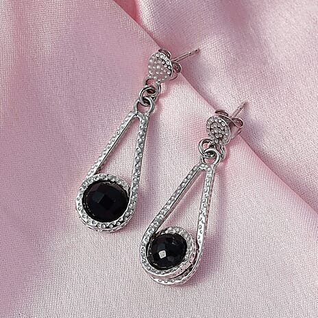 D'Joy Black Spinel Earring with Push Back in Rhodium Overlay Sterling Silver 10.16 Ct.