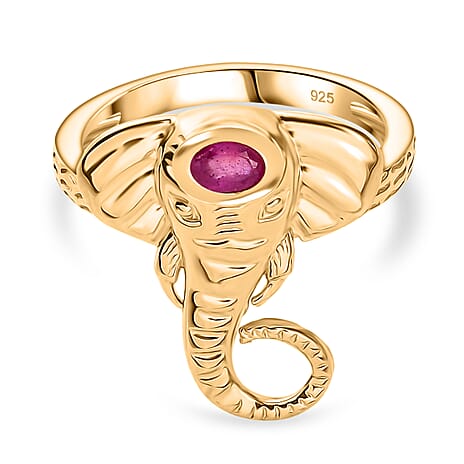 African Ruby Elephant Head Ring in Yellow Gold Plated Sterling Silver