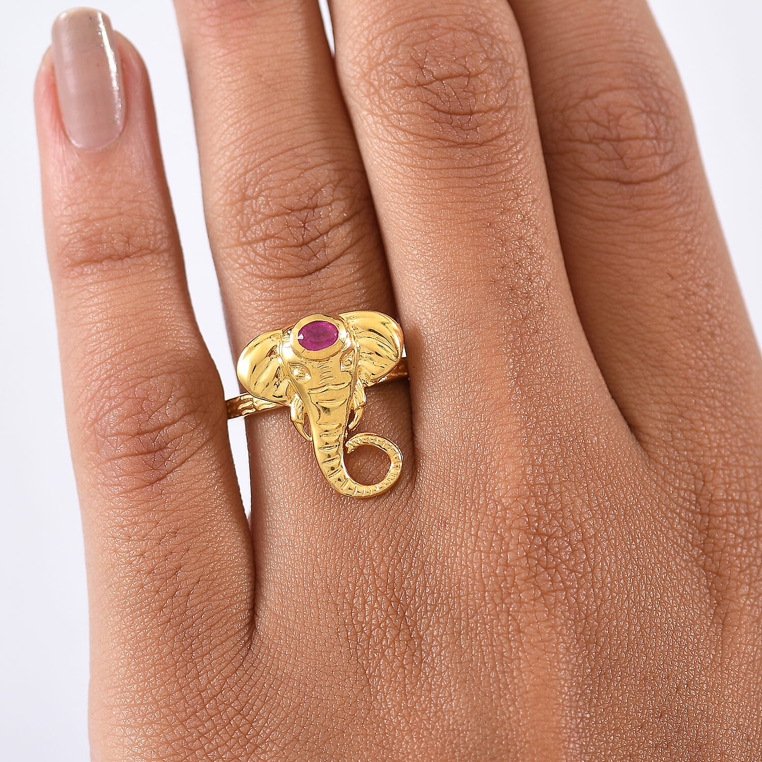 African Ruby Elephant Head Ring in Yellow Gold Plated Sterling Silver