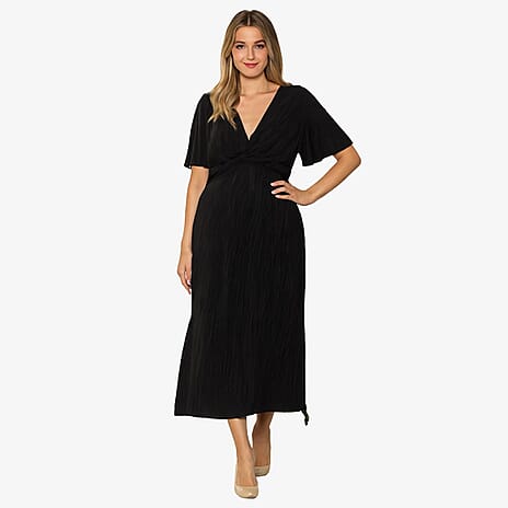 Closeout Deal- Emily Plisse Midi Dress With Angel Sleeves (Size 14) - Black