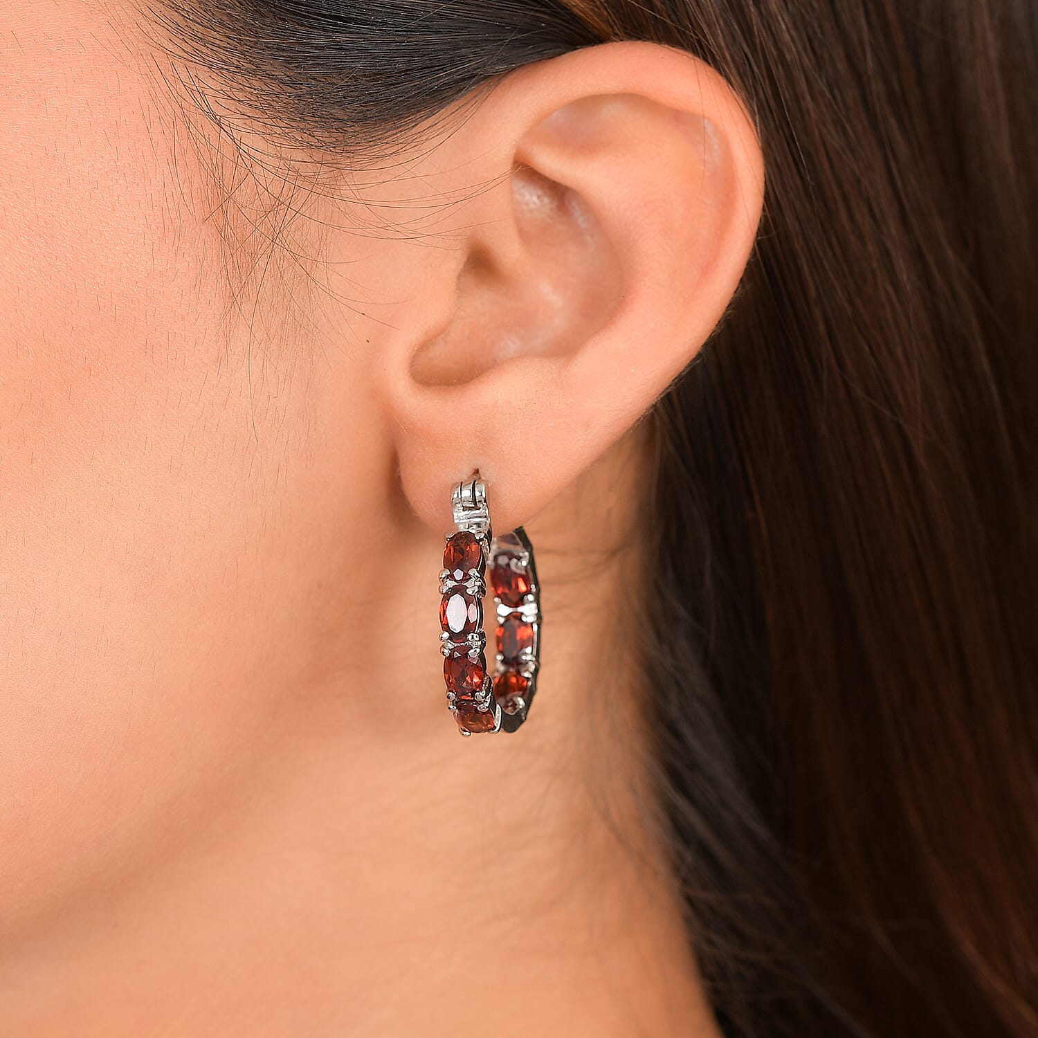 EverTrue Red Garnet J Hook Half Hoop Earring 7.78 Ct.