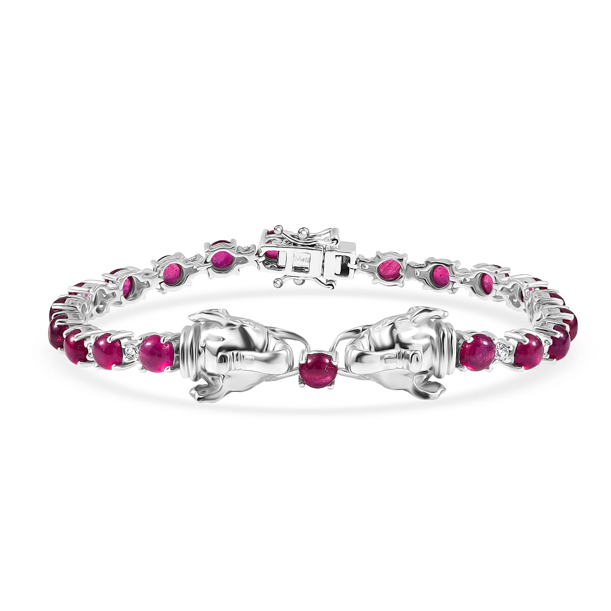D'Joy African Ruby & White Zircon Bracelet (Size - 7.5) with GB Lock Box in Rhodium Overlay Sterling Silver 16.33 Ct.
