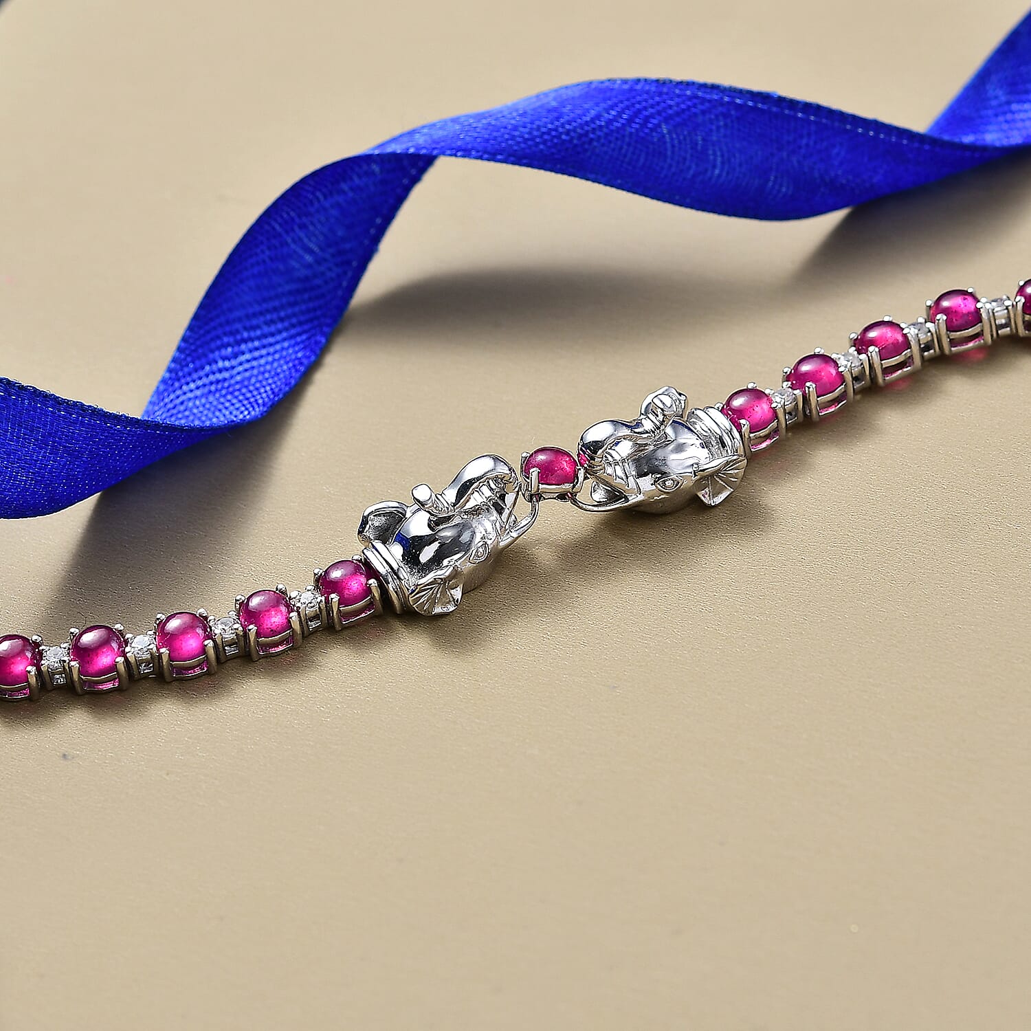 D'Joy African Ruby & White Zircon Bracelet (Size - 7.5) with GB Lock Box in Rhodium Overlay Sterling Silver 16.33 Ct.