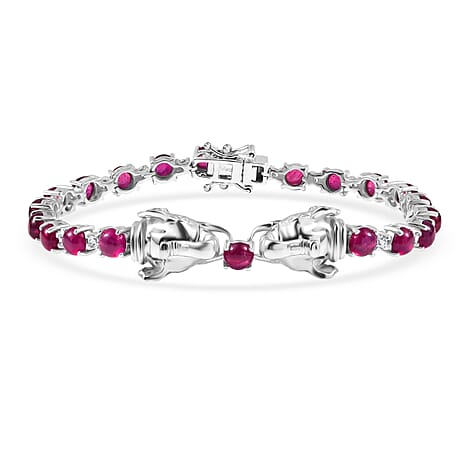 D'Joy African Ruby & White Zircon Bracelet (Size - 8) with GB Lock Box in Rhodium Overlay Sterling Silver 17.36 Ct.