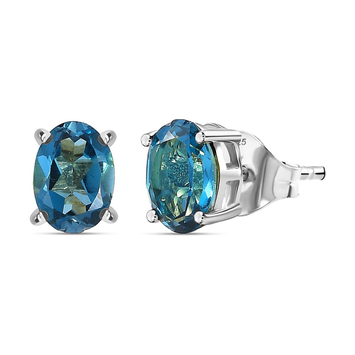 Certified London Blue Topaz Solitaire Stud Push Post Earring in Platinum Overlay Sterling Silver 1.92 Ct.