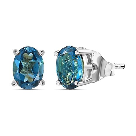 Certified London Blue Topaz Solitaire Stud Push Post Earring in Platinum Overlay Sterling Silver 1.92 Ct.