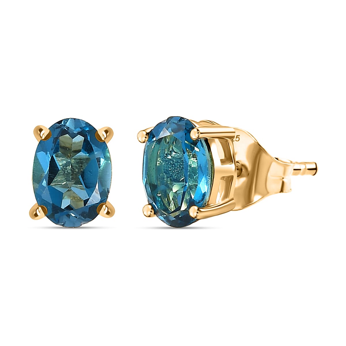 Certified London Blue Topaz Solitaire Stud Push Post Earring in Yellow Gold Plated Sterling Silver 1.92 Ct.