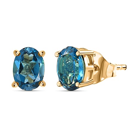 Certified London Blue Topaz Solitaire Stud Push Post Earring in Yellow Gold Plated Sterling Silver 1.92 Ct.