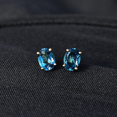 Certified London Blue Topaz Solitaire Stud Push Post Earring in Yellow Gold Plated Sterling Silver 1.92 Ct.