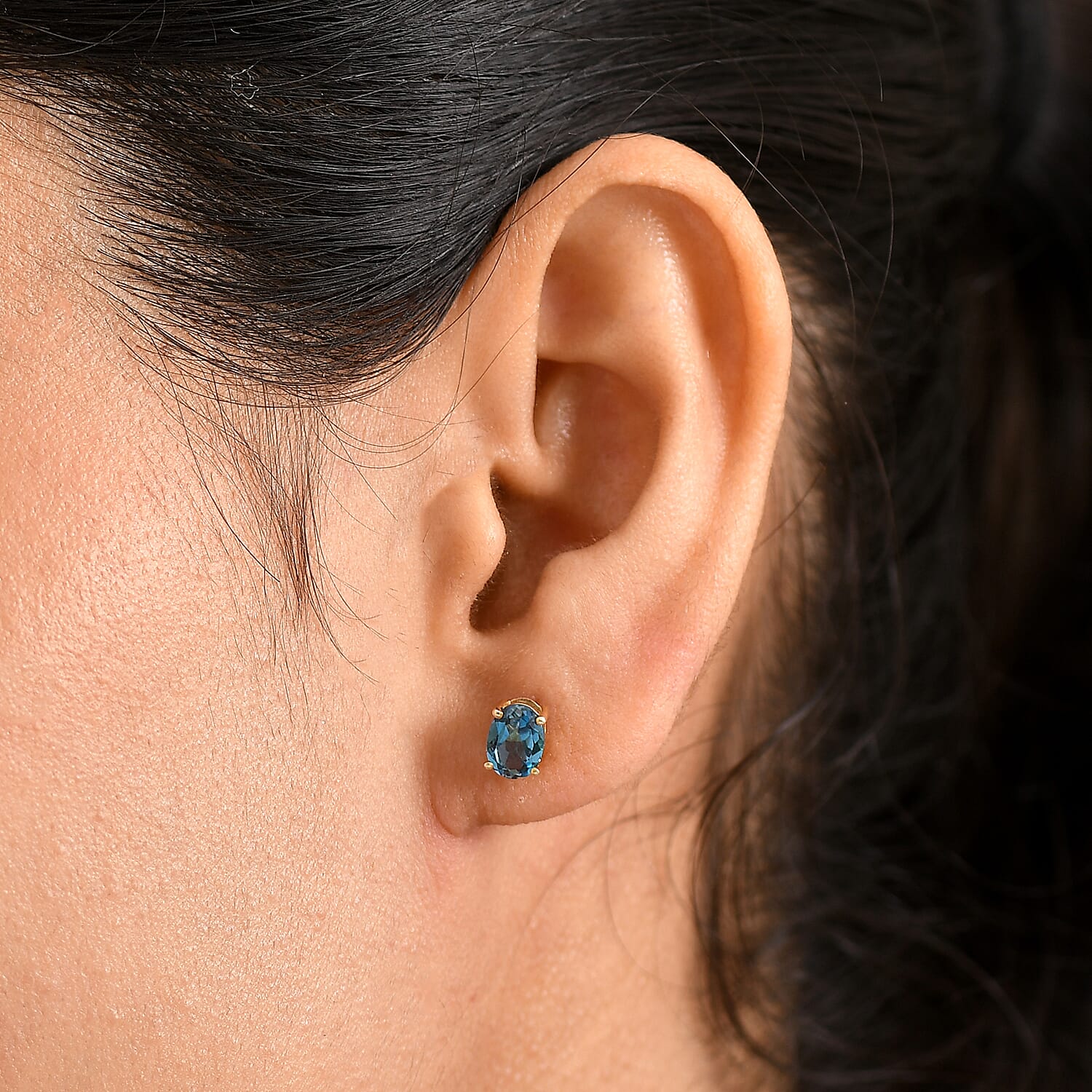 Certified London Blue Topaz Solitaire Stud Push Post Earring in Yellow Gold Plated Sterling Silver 1.92 Ct.