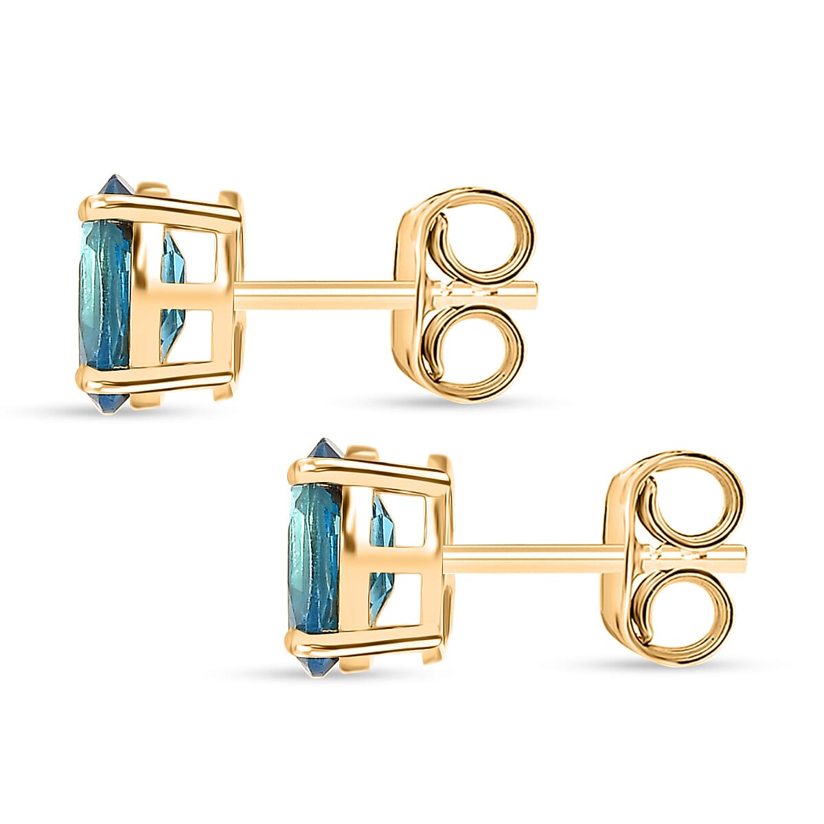 Certified London Blue Topaz Solitaire Stud Push Post Earring in Yellow Gold Plated Sterling Silver 1.92 Ct.