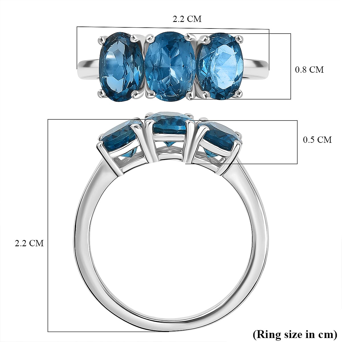 D'Joy Certified London Blue Topaz 3 Stone Ring in Platinum Overlay Sterling Silver 2.87 Ct.