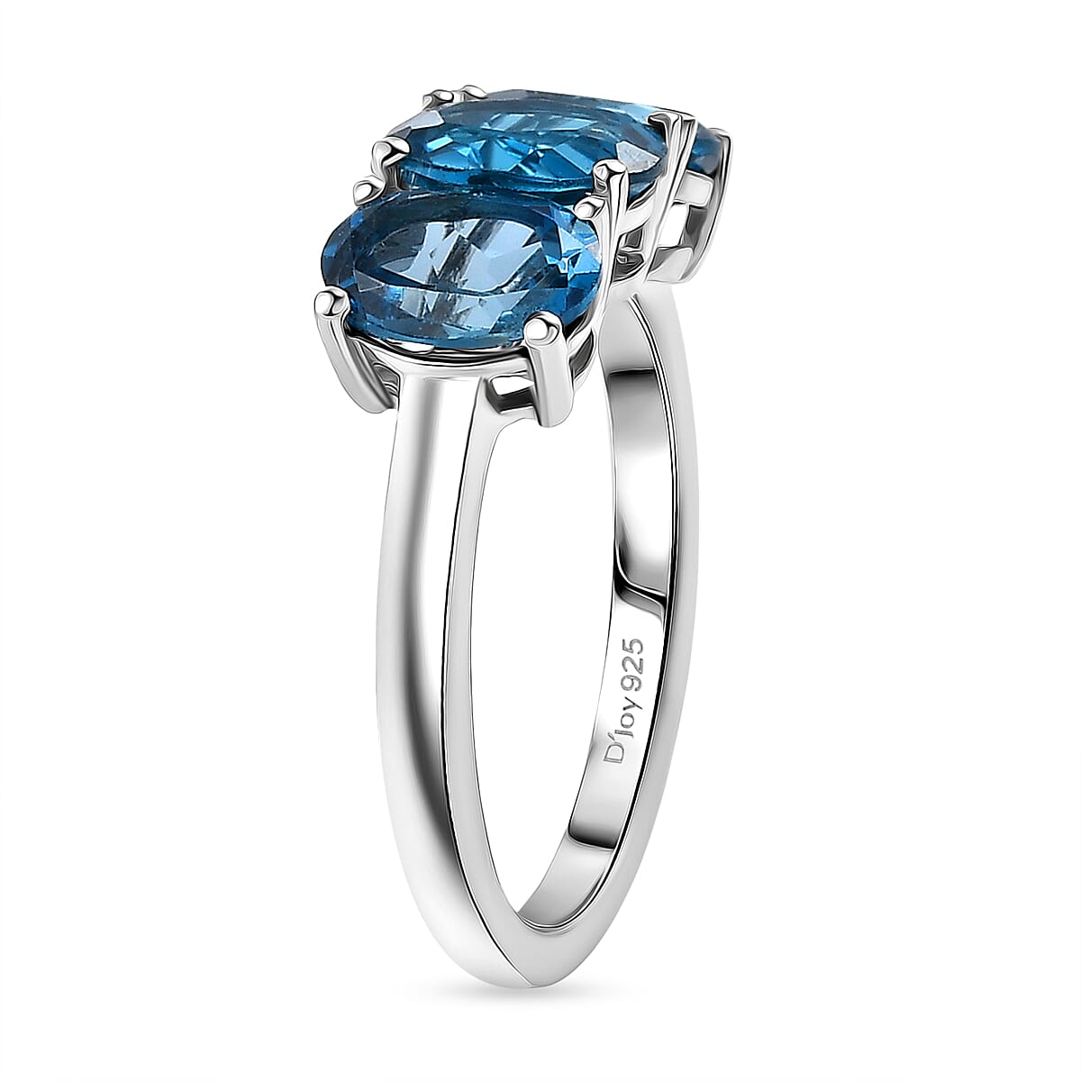 D'Joy Certified London Blue Topaz 3 Stone Ring in Platinum Overlay Sterling Silver 2.87 Ct.