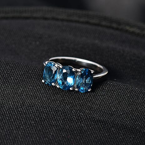 D'Joy Certified London Blue Topaz 3 Stone Ring in Platinum Overlay Sterling Silver 2.87 Ct.