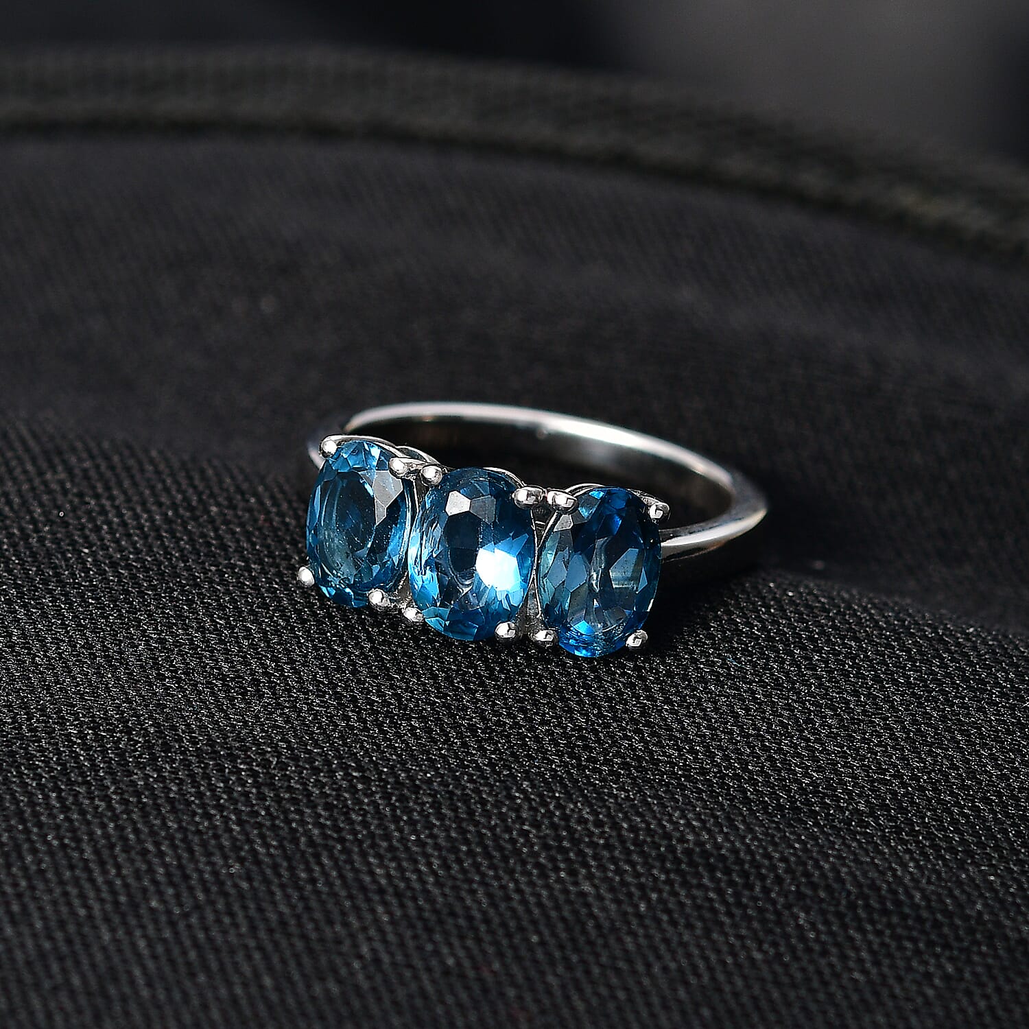 D'Joy Certified London Blue Topaz 3 Stone Ring in Platinum Overlay Sterling Silver 2.87 Ct.