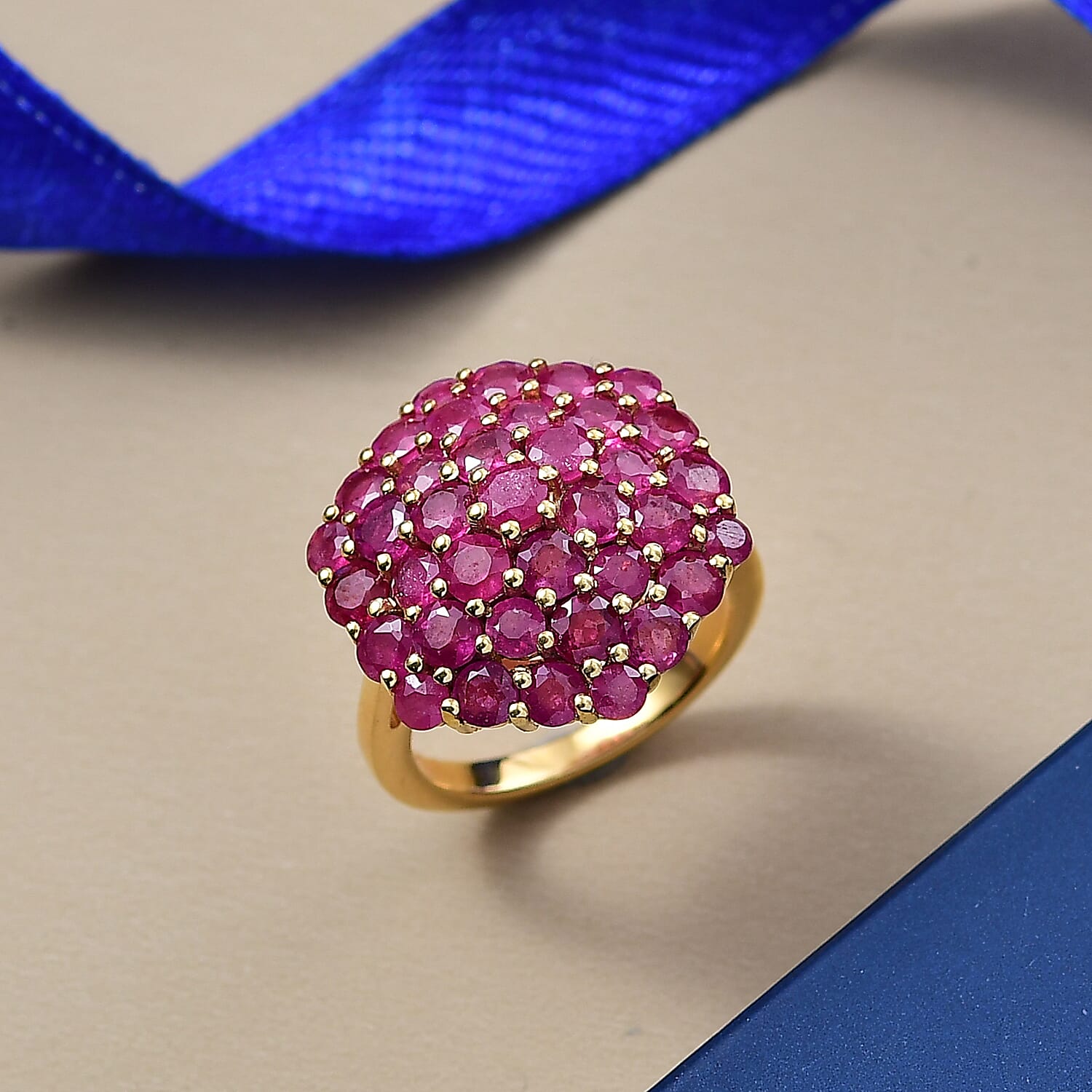 D'Joy African Ruby Cluster Ring in 18K Vermeil Yellow Gold Plated Sterling Silver 5.33 Ct