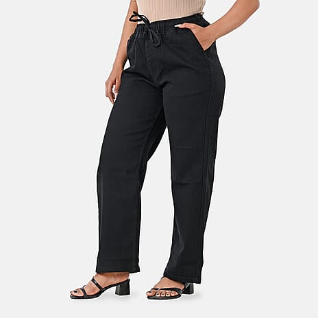 Styledby 100% Cotton Wide-Leg Denim Pants With Drawstring Waist (Size - L) - Black