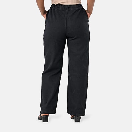 Styledby 100% Cotton Wide-Leg Denim Pants With Drawstring Waist  (Size - XL) - Black