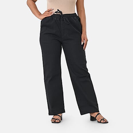 Styledby 100% Cotton Wide-Leg Denim Pants With Drawstring Waist  (Size - XL) - Black