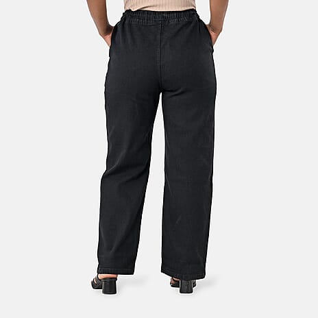 Styledby 100% Cotton Wide-Leg Denim Pants With Drawstring Waist (Size - XXL) - Black