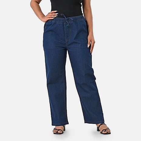 Styledby 100% Cotton Wide-Leg Denim Pants With Drawstring Waist (Size - L) - Dark Blue