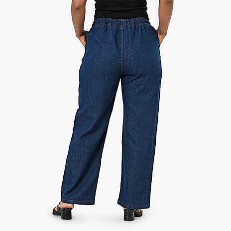 Styledby 100% Cotton Wide-Leg Denim Pants With Drawstring Waist (Size - XL) - Dark Blue
