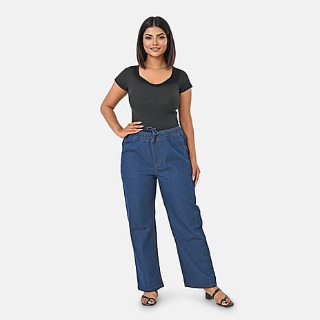Styledby 100% Cotton Wide-Leg Denim Pants With Drawstring Waist (Size - XXL) - Dark Blue