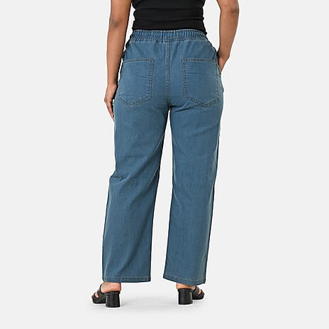 Styledby 100% Cotton Wide-Leg Denim Pants With Drawstring Waist  (Size M) - Teal Grey
