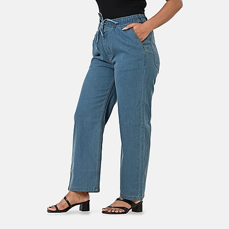 Styledby 100% Cotton Wide-Leg Denim Pants With Drawstring Waist  (Size M) - Teal Grey