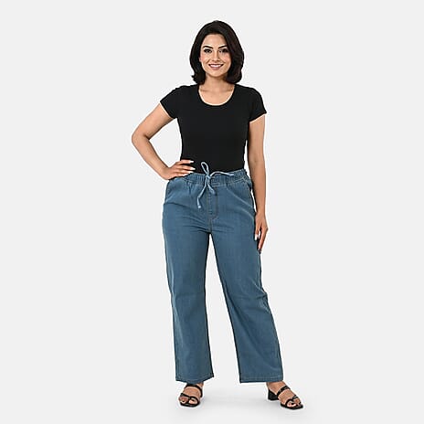 Styledby 100% Cotton Wide-Leg Denim Pants With Drawstring Waist  (Size L) - Teal Grey