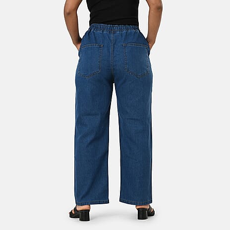 Styledby 100% Cotton Wide-Leg Denim Pants With Drawstring Waist  (Size L) - Denim Blue