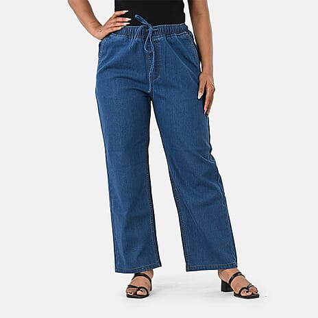 Styledby 100% Cotton Wide-Leg Denim Pants With Drawstring Waist  (Size L) - Denim Blue