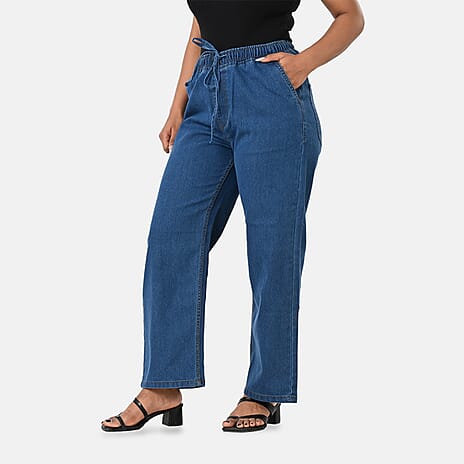 Styledby 100% Cotton Wide-Leg Denim Pants With Drawstring Waist  (Size XL) - Denim Blue