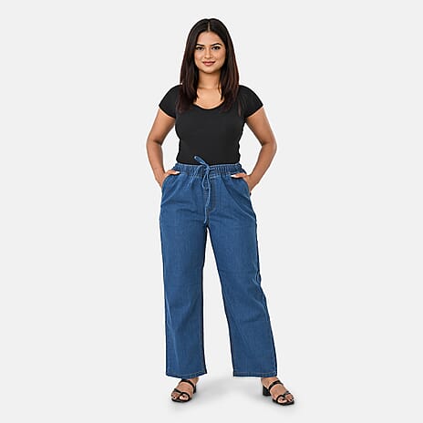 Styledby 100% Cotton Wide-Leg Denim Pants With Drawstring Waist  (Size XXL) - Denim Blue