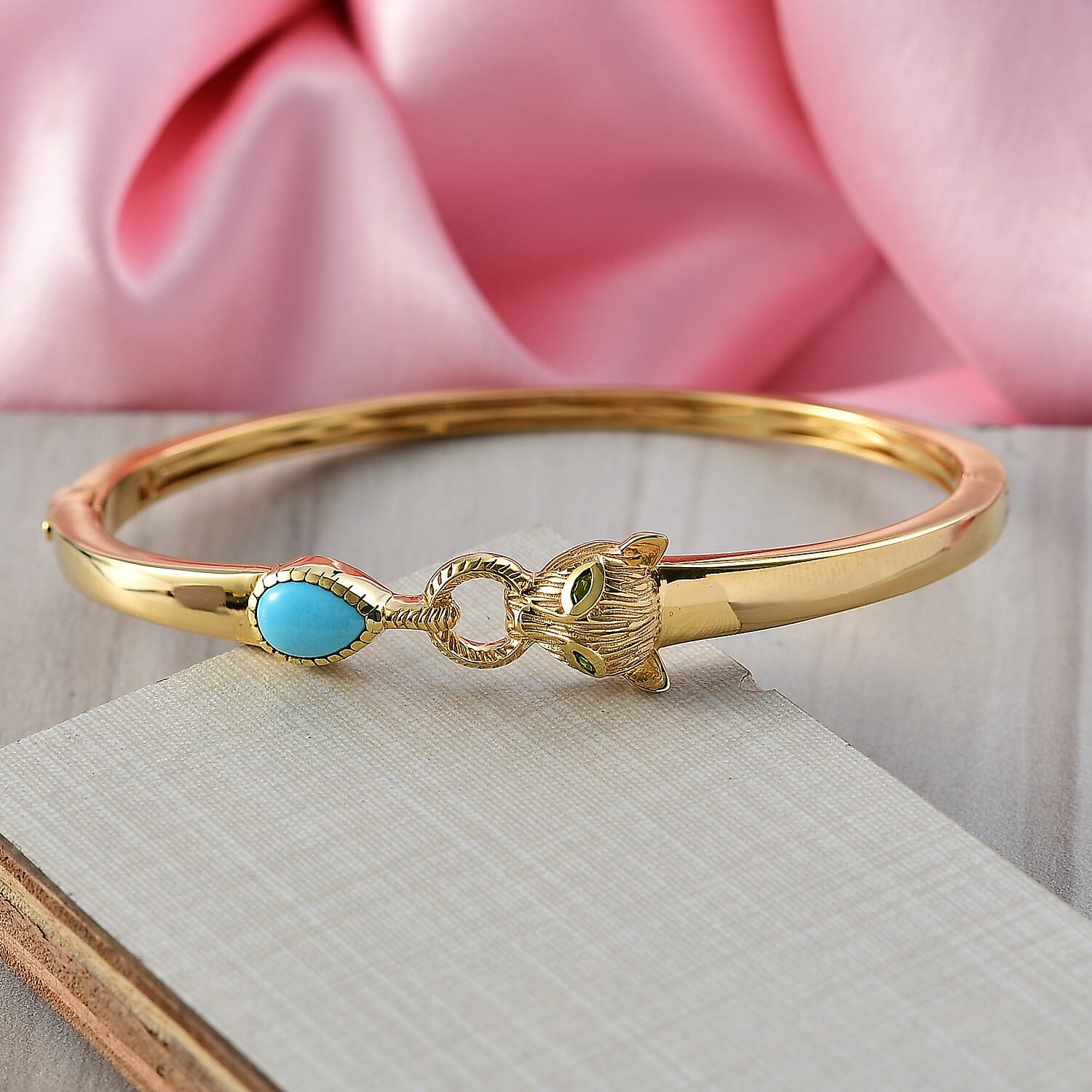 D'Joy Sleeping Beauty Turquoise & Natural Chrome Diopside  Panther Bangle (Size 7.5) in 18K Vermeil Yellow Gold Plated 1.20 Ct, Silver Wt. 19.26 Gms.