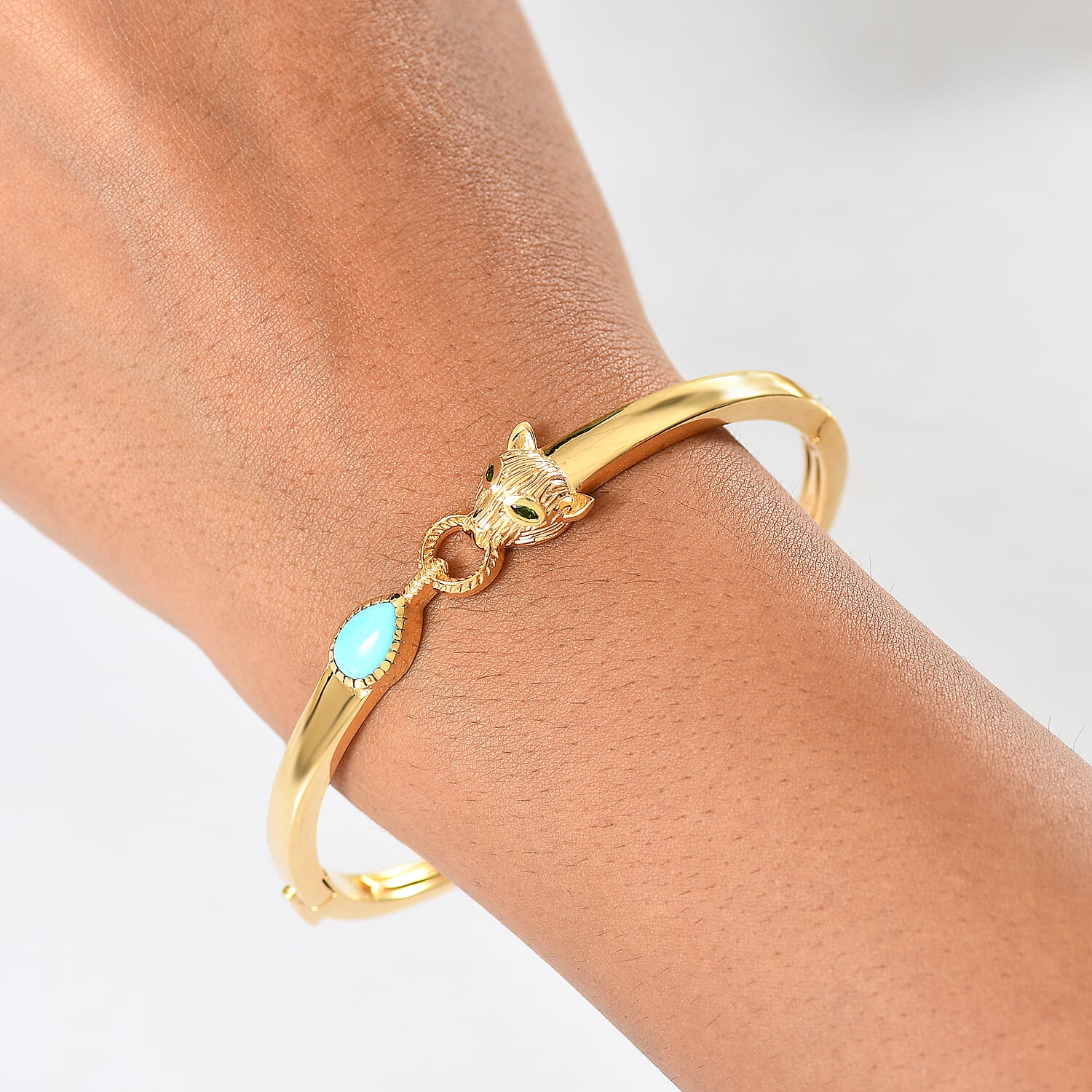 D'Joy Sleeping Beauty Turquoise & Natural Chrome Diopside  Panther Bangle (Size 7.5) in 18K Vermeil Yellow Gold Plated 1.20 Ct, Silver Wt. 19.26 Gms.