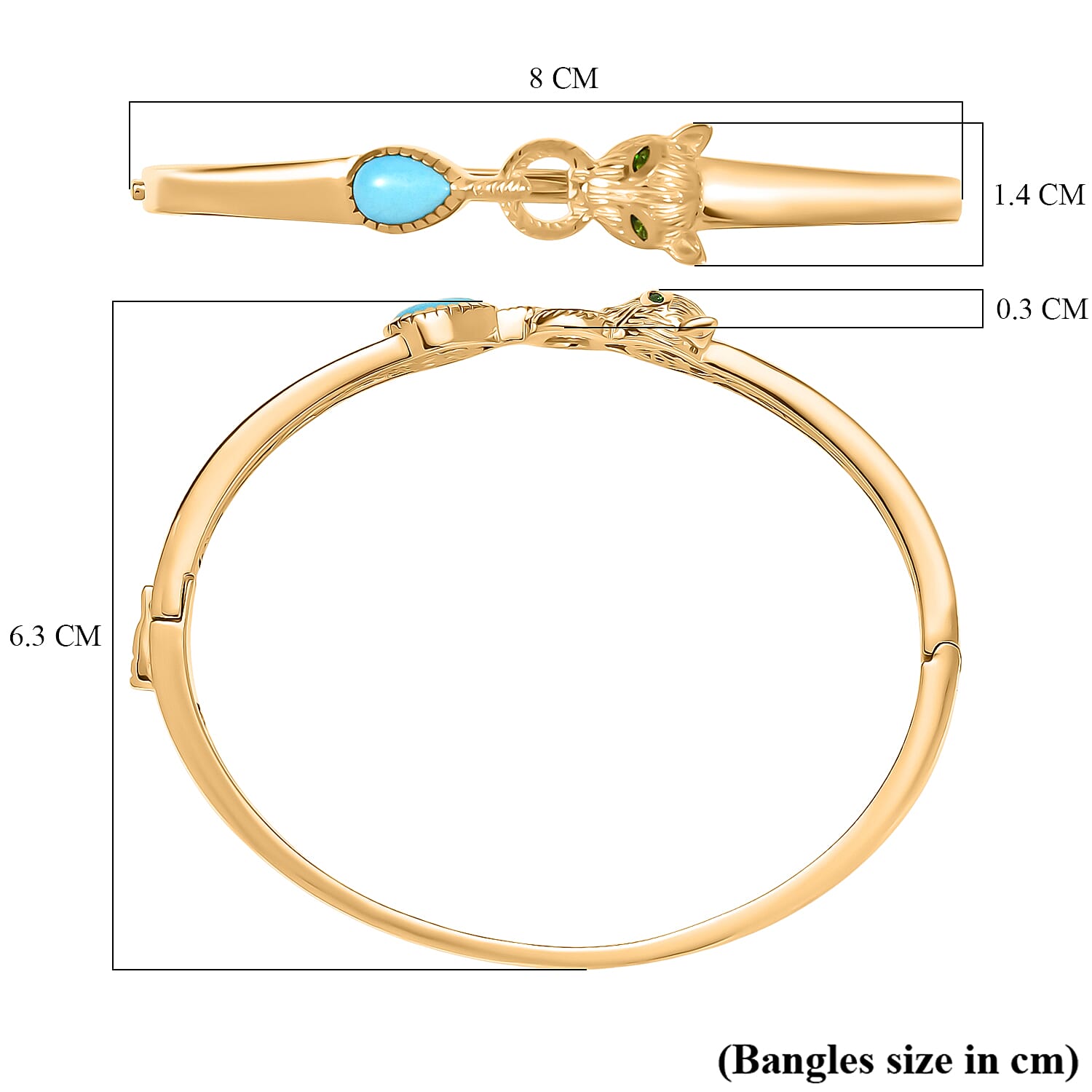 D'Joy Sleeping Beauty Turquoise & Natural Chrome Diopside  Panther Bangle (Size 7.5) in 18K Vermeil Yellow Gold Plated 1.20 Ct, Silver Wt. 19.26 Gms.