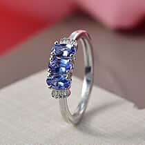 D'Joy Tanzanite & White Diamond 3 Stone Ring in Platinum Overlay Sterling Silver