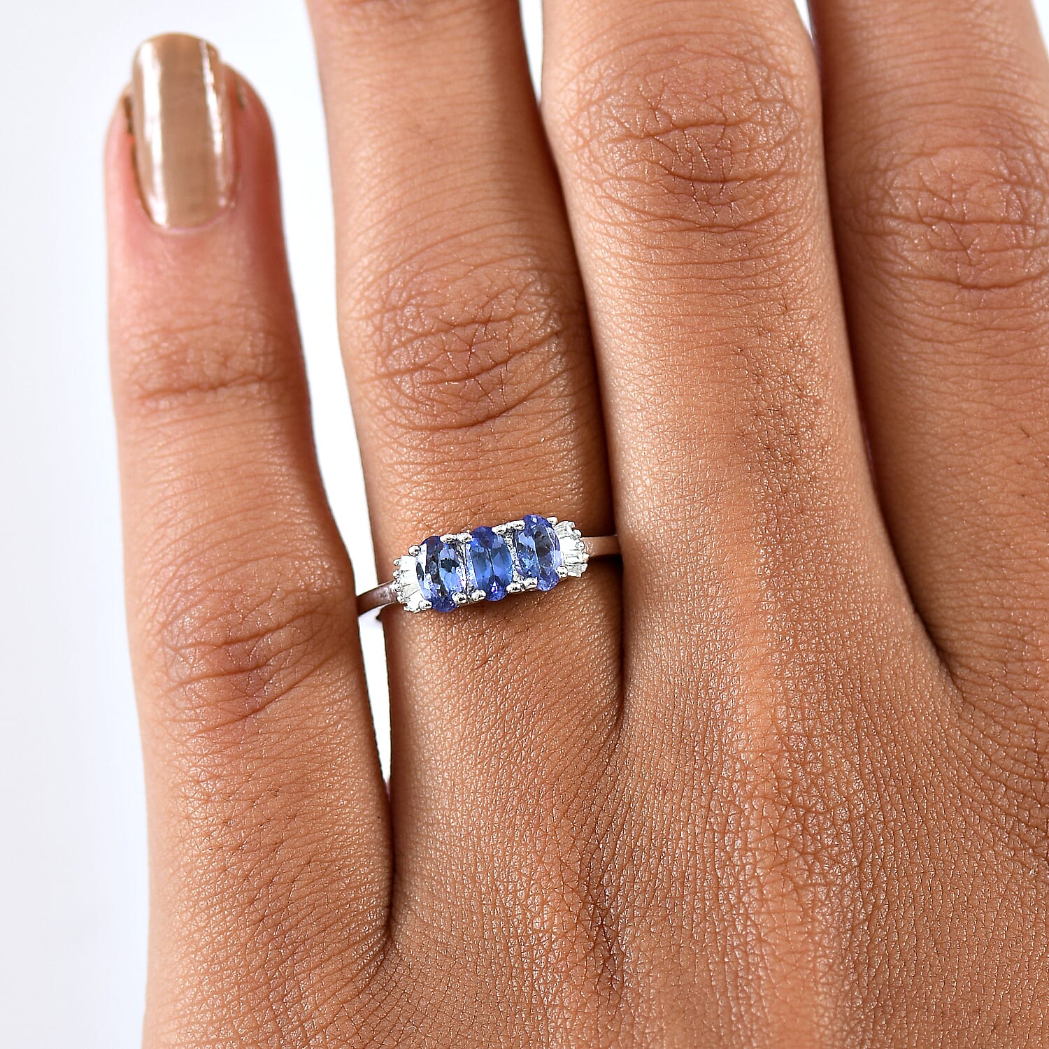 D'Joy Tanzanite & White Diamond 3 Stone Ring in Platinum Overlay Sterling Silver