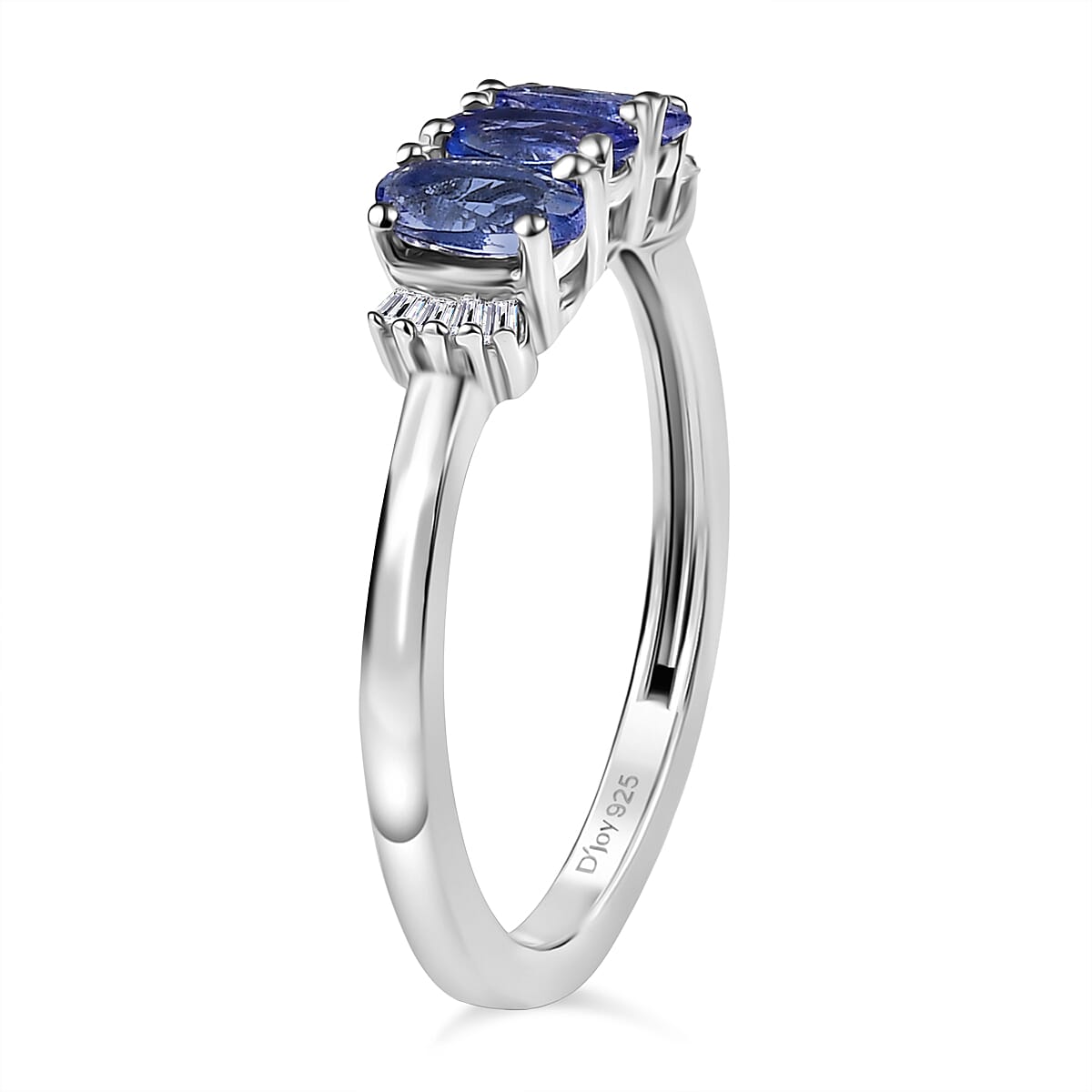 D'Joy Tanzanite & White Diamond 3 Stone Ring in Platinum Overlay Sterling Silver