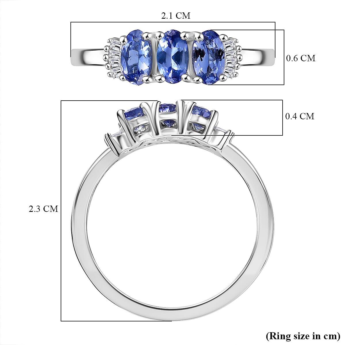 D'Joy Tanzanite & White Diamond 3 Stone Ring in Platinum Overlay Sterling Silver