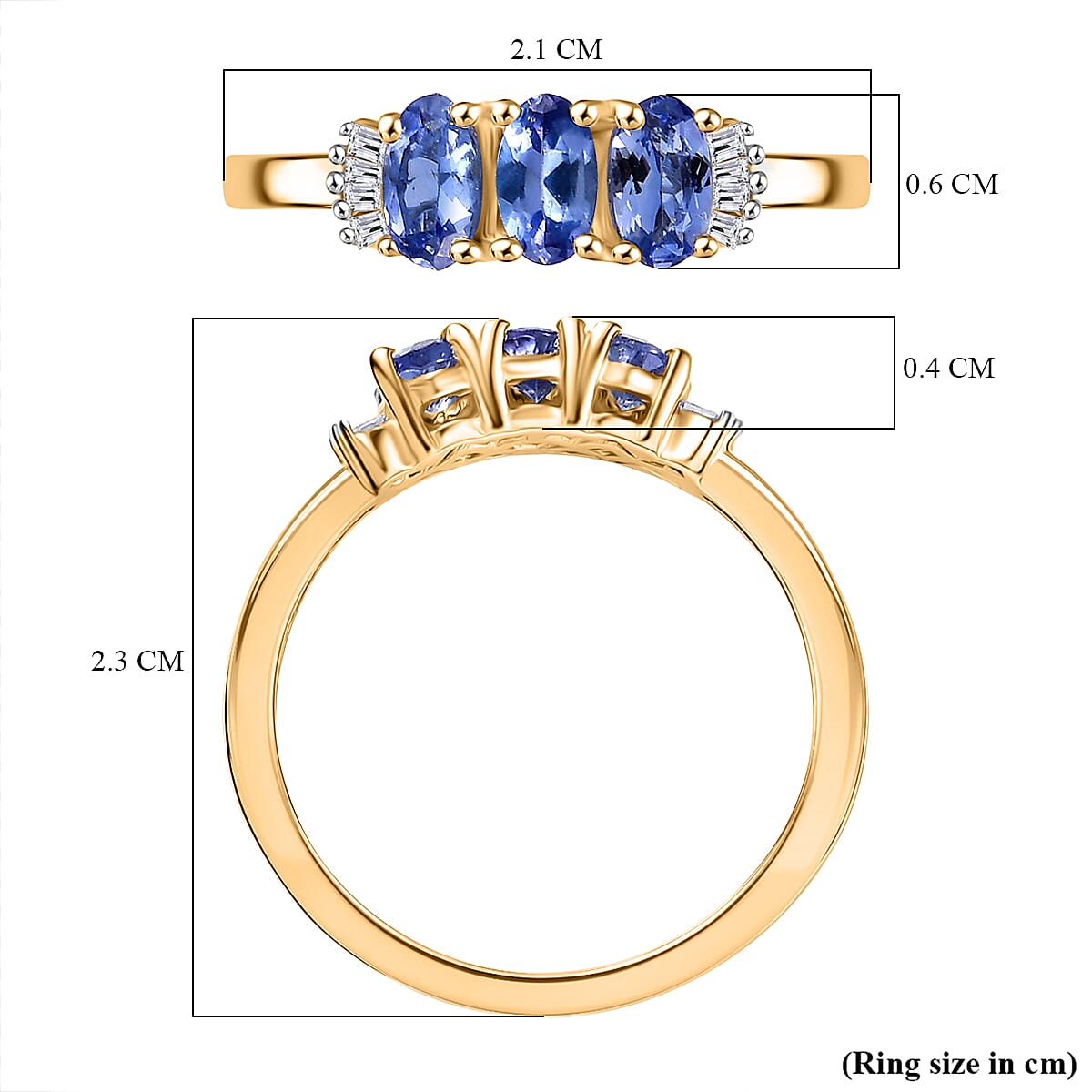D'Joy Tanzanite & White Diamond 3 Stone Ring in Yellow Gold Plated Sterling Silver